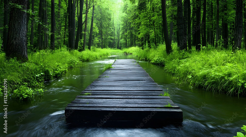 Poster a serene forest scene featuring a wooden pathway over a tranquil stream, surrounded by lush greenery