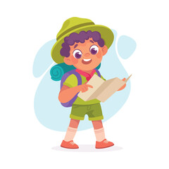 Boy Scout Character in Hat and Backpack Walk with Map Vector Illustration