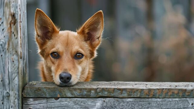 cute dog behind a wooden fence in dog shelter