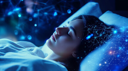 Serene Young Woman Sleeping Peacefully with Digital Network and Blue Light Effects Representing Dreams and Technology in a Calm Bedroom Environment