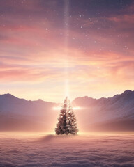 Illuminated Christmas tree with Christian cross halo in snowy field with mountains at sunrise. Concept of holiday magic