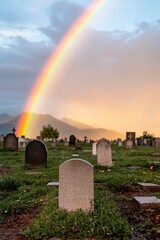 Always loved and remembered. A serene cemetery under a rainbow after a rainstorm.