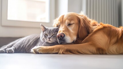 Golden Retriever and Gray Cat Napping Together