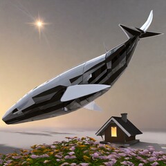 고요하고 빛나는 여름 밤하늘을 비행 중인 거대 기계 고래, 꽃이 핀 초원 위 오두막 집 일러스트. 04