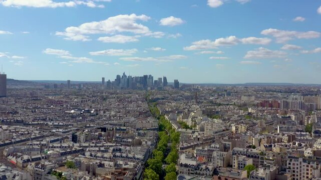 PARIS, FRANCE - OCTOBER 3, 2024: Aerial view of the Paris skyline showcasing modern skyscrapers and historic architecture beneath a clear blue sky