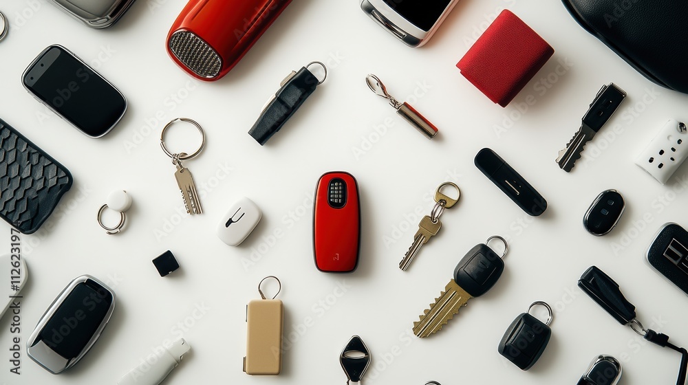 Poster Various car accessories, including keychains and chargers, are neatly arranged on a white surface, leaving space for personalized messaging. Generative AI