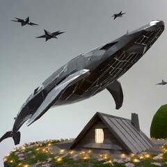 고요하고 빛나는 여름 밤하늘을 비행 중인 거대 기계 고래, 꽃이 핀 초원 위 오두막 집 일러스트. 02