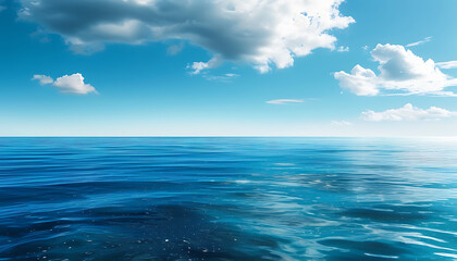 Obraz premium clean ocean scene with clear blue water and fluffy clouds in sky, evoking sense of tranquility and peace. horizon blends seamlessly with sky