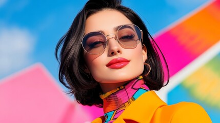 A woman wearing sunglasses and a pink and yellow outfit. She is smiling and looking at the camera