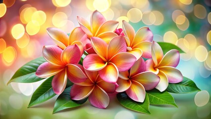 Fototapeta premium Frangipani Flower Collage, Bokeh Background, Isolated White, Floral Design, Plumeria, Tropical Flower Art