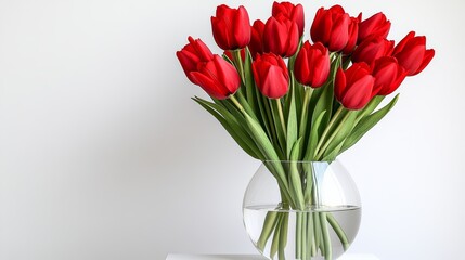 Vase of red tulips sits on a table. The flowers are in a clear glass vase, and they are arranged in a way that makes them look like they are standing upright. The vase is the main focus of the image