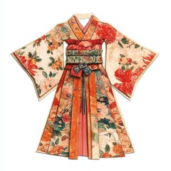 Vintage scrapbook style collage paper sticker cutout of a bohemian kimono on white background