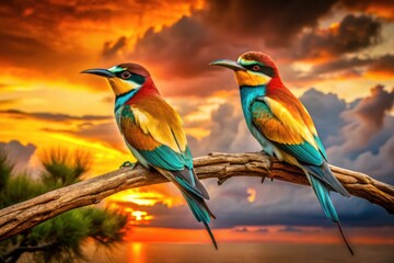 Obraz premium Silhouette European Bee-eaters Birds Branch Sunset Wildlife Photography