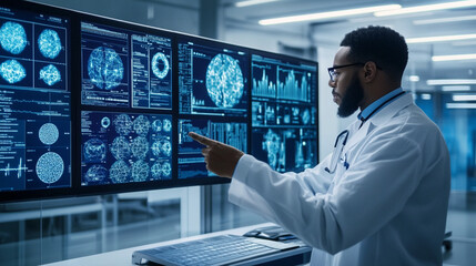 Doctor Analyzing Advanced Medical Data on Computer Screens in Modern Laboratory Environment with Scientific Graphics and Digital Interface