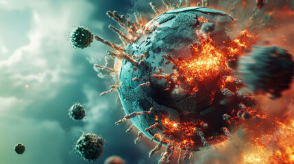 Abstract representation of a planet under threat from microscopic virus structures and fiery explosions in a cosmic environment showcasing damage and chaos