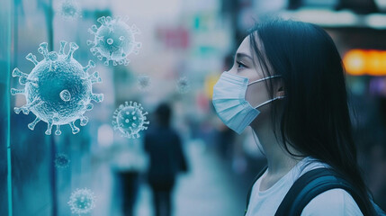 Young woman in medical face mask looking at virus illustration projected outdoors in a busy urban environment during a pandemic crisis