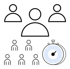 Three large people four small people, light blue stopwatch. Ideal for teamwork, efficiency, time management, deadlines, collaboration, group projects, productivity. Line metaphor
