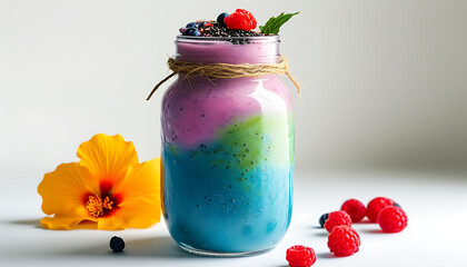 colorful mason jar filled with layered smoothie, featuring vibrant hues of purple, green, and blue, topped with fresh berries and flower