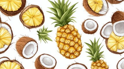 A clean design featuring fresh-cut pineapples and coconut halves arranged artistically on a bright white background