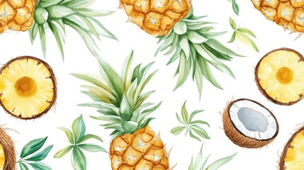 A clean design featuring fresh-cut pineapples and coconut halves arranged artistically on a bright white background