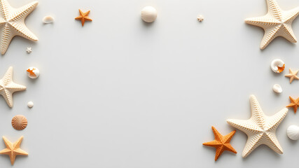 A minimalist arrangement of seashells and starfish, creating a serene and calming coastal scene.