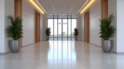 Obraz premium 3D rendered contemporary corporate hallway with futuristic lighting, high ceilings, and shiny floor tiles