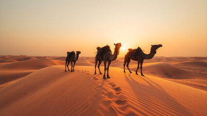 Desert Caravan Silhouette, A group of camels, laden with saddles, traverse the golden dunes as the sun sets casting long shadows across the sand.