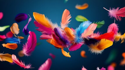 Colorful image of feathers floating in the air. The feathers are of various colors and sizes, creating a sense of movement and freedom. The image evokes a feeling of joy and lightness