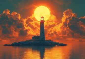 Illustration, lighthouse on a rocky island on a cloudy day. © Andreas