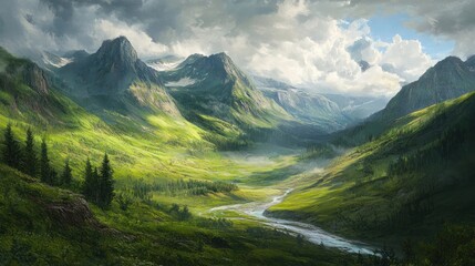 Fototapeta premium Green mountain range with river running through the valley, lush and verdant, midday light 