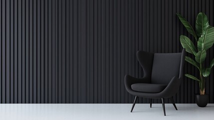 Modern black armchair and plant against a dark slatted wall.