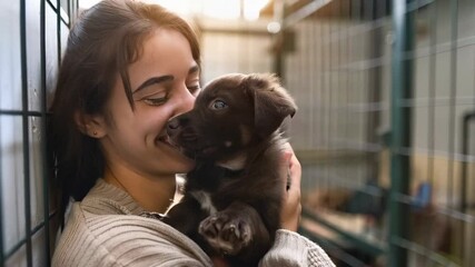 cheerful woman with adopted cute puppy in the dogs shelter - Powered by Adobe