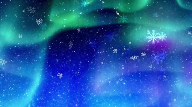 オーロラの空に降る雪と雪の結晶の冬アニメーション