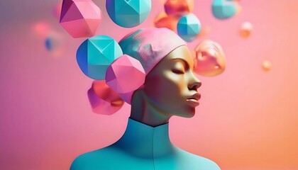 Mental health and depression concepts: Emotional balance, floating geometric shapes around head.