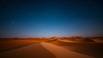 Starry Night Desert, A vast expanse of golden sand dunes stretches towards a breathtaking sky filled with countless twinkling stars.