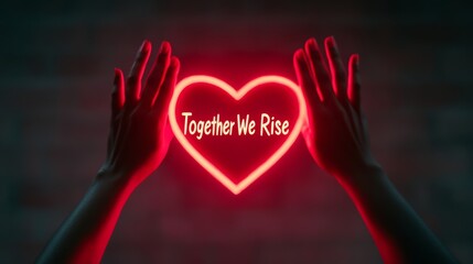 Obraz premium A symbolic Black History Month scene featuring hands of diverse skin tones reaching up, forming a heart around the phrase Together We Rise glowing in bold typography 