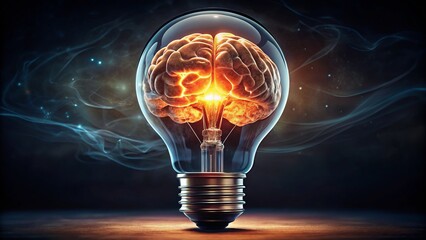 Glowing Brain Lightbulb: AI Innovation, Digital Art, Low Light Photography