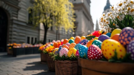 Fototapeta premium A traditional Easter market in Budapest’s main square, with painted eggs, Hungarian pastries, and blooming trees surrounding wooden booths under soft sunlight 