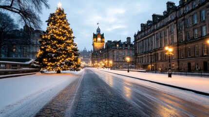 Fototapeta premium A tranquil Christmas moment in Edinburgh, with the castle lit up on the hill, festive decorations along the Royal Mile, and snow-covered cobblestone streets below 