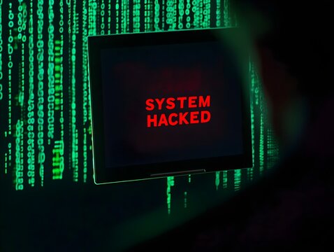 a dimly lit room with a laptop displaying a bright red "SYSTEM HACKED" alert in bold letters against a black screen. green binary codes cascade in the background. cyberattack and computer technology