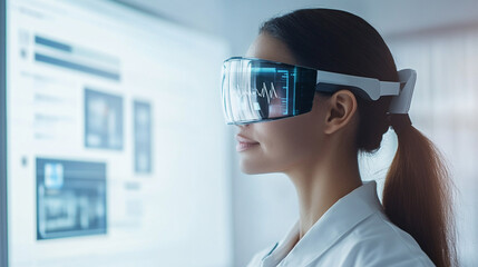 Young woman in modern lab wearing futuristic augmented reality glasses, engaged in high-tech research or visualization with computer screen in background