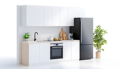 Bright modern kitchen, glass cabinet details, open layout, 3D isometric view, clean white background
