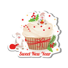 New year delicious cupcake with whipped cream and cute cnomes. Vector greeting sticker in cartoon style