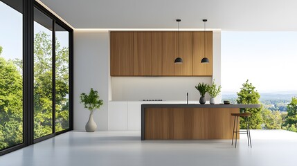 3D isometric render of a spacious kitchen, glass-front cabinets, modern layout, white background
