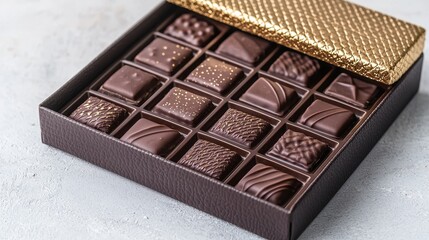 Obraz premium A beautifully arranged box of assorted chocolates, featuring various textured pieces in a stylish container with a gold lid.
