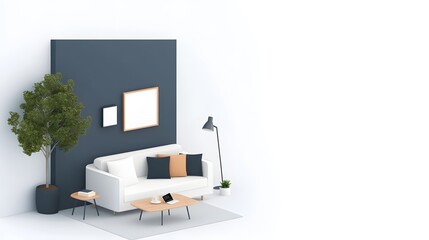 Fototapeta premium Stylish office layout showcasing modern furniture and tech, 3D isometric design, white background
