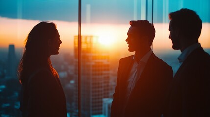Fototapeta na wymiar Business colleagues converse during sunset cityscape view