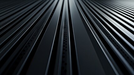 Close-up view of sleek dark metal panels on a modern architectural facade, showcasing clean lines and geometric patterns