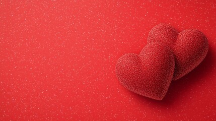 Obraz premium A vibrant Valentine’s Day background showcasing two intertwined glowing hearts over a soft, sparkling red gradient with golden glitter accents 