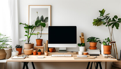 Fototapeta premium modern home office setup featuring wooden desk, computer, and various indoor plants. space is bright and organized, promoting productive atmosphere